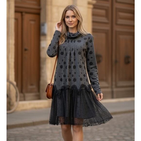 Mechant Dress Cowl Neck Sheer Lace Over Lay Ruffle Jersey Gray Black Dots SZ XL - Picture 1 of 12
